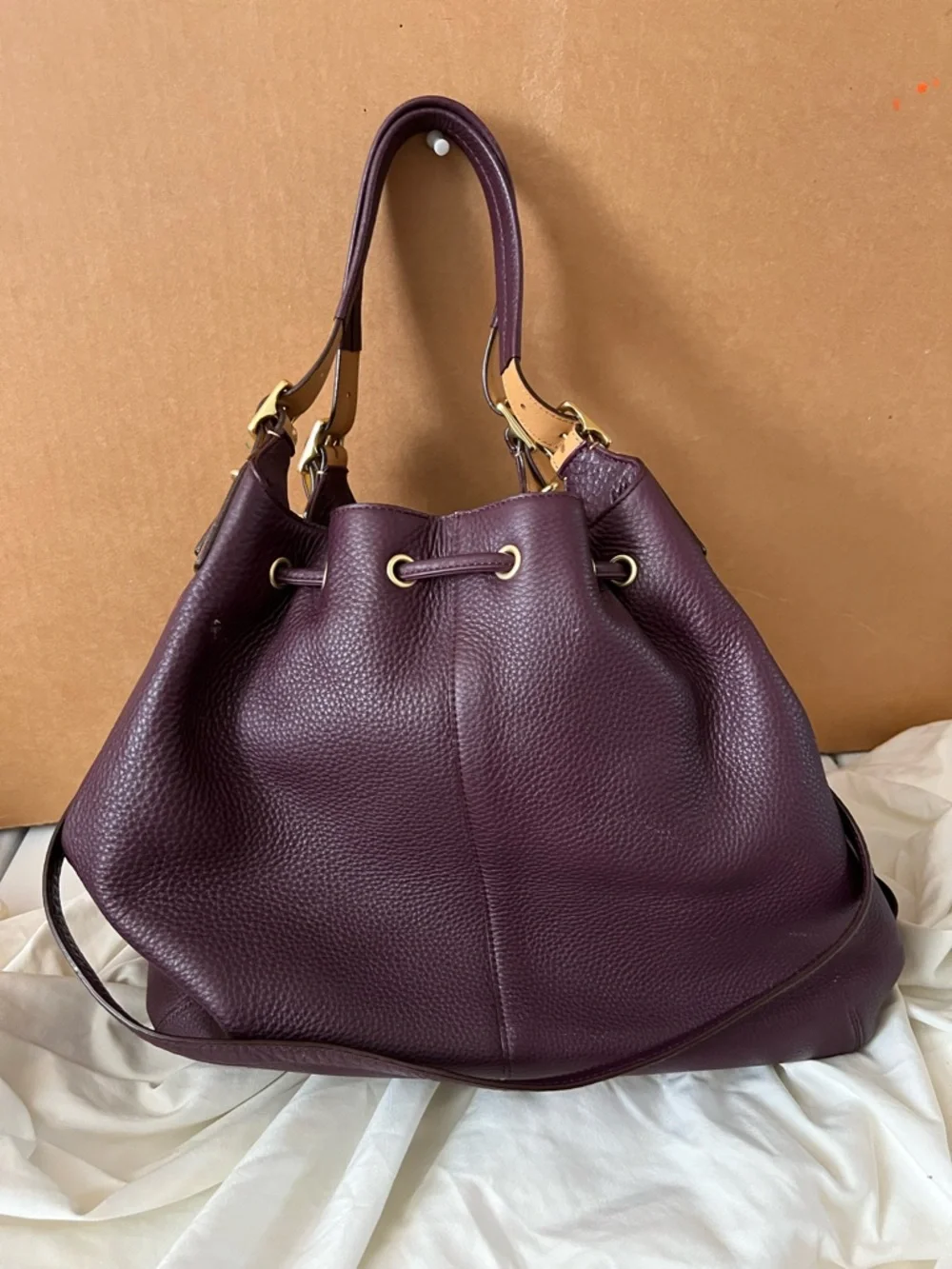 Luxurious Plum Leather Drawstring Shoulder Bag by Coach - Picture 2 of 5